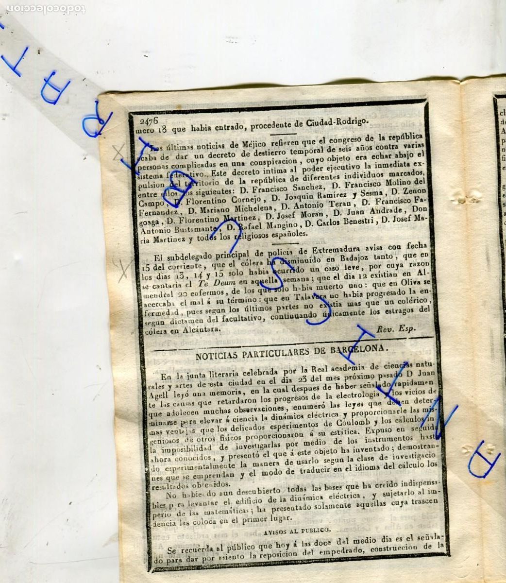 Collection Magazines and Newspapers: DIARIO A&Ntilde;O 1833 DESTIERRO DE ESPA&Ntilde;OLES DECRETADO EN MEJICO MEXICO COLERA EN BADAJOZ OLIVA ALCANTARA