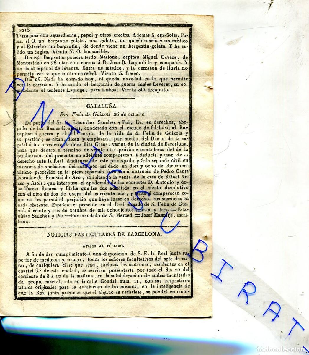 Collection Magazines and Newspapers: DIARIO A&Ntilde;O 1833 ALCALDE ESTANISLAO SANCHEZ Y PUI DE SANT FELIU DE GUIXOLS CALETAS CALDAS DE ESTRACH