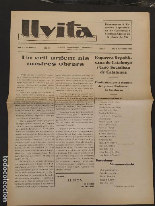 Collection Magazines and Newspapers: VIC - LLUITA - NUMERO 19 - 5 NOVEMBRE 1932 - PORTANTVEU ESQUERRA REPUBLICANA -VER FOTOS-(V-24.948)