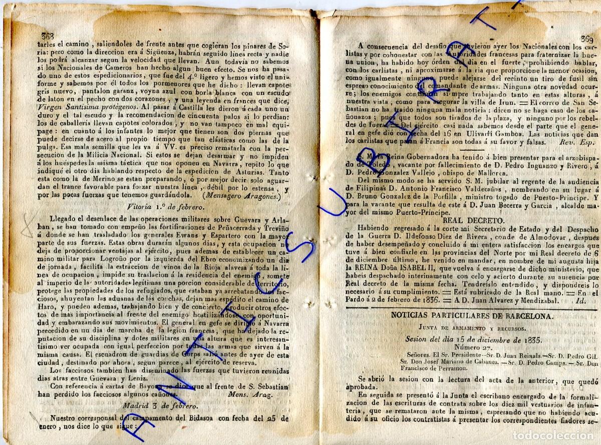 Collection Magazines and Newspapers: DIARIO A&Ntilde;O 1836 PRIMERA GUERRA CARLISTA EN GUEVARA ARLABAN PE&Ntilde;ACERRADA TREVI&Ntilde;O SALVAR VINOS DE RIOJA
