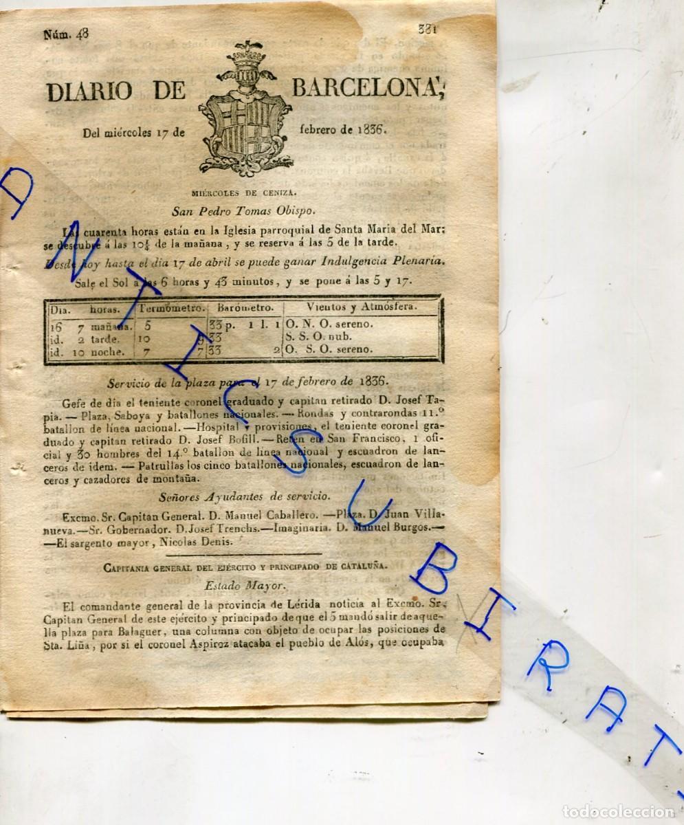 Coleccionismo de revistas y peri&oacute;dicos: DIARIO A&Ntilde;O 1836 PRIMERA GUERRA CARLISTA EN BALAGUER ALOS SANTA LI&Ntilde;A FRACISCO TORRES CASTELLO FARFA&Ntilde;A