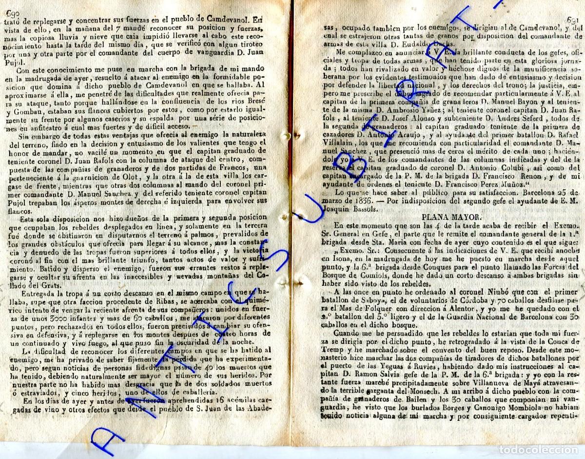 Coleccionismo de revistas y peri&oacute;dicos: DIARIO A&Ntilde;O 1836 PRIMERA GUERRA CARLISTA EN BOSQUE DE COMIOLS CORONEL NIUBO CONCA DE TREMP