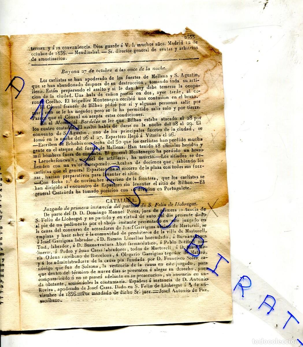 Coleccionismo de Revistas y Peri&oacute;dicos: DIARIO A&Ntilde;O 1836 PRIMERA GUERRA CARLISTA EN BAYONA MELLENA SAN AGUSTIN BILBAO BEHOBIA ESPARTERO