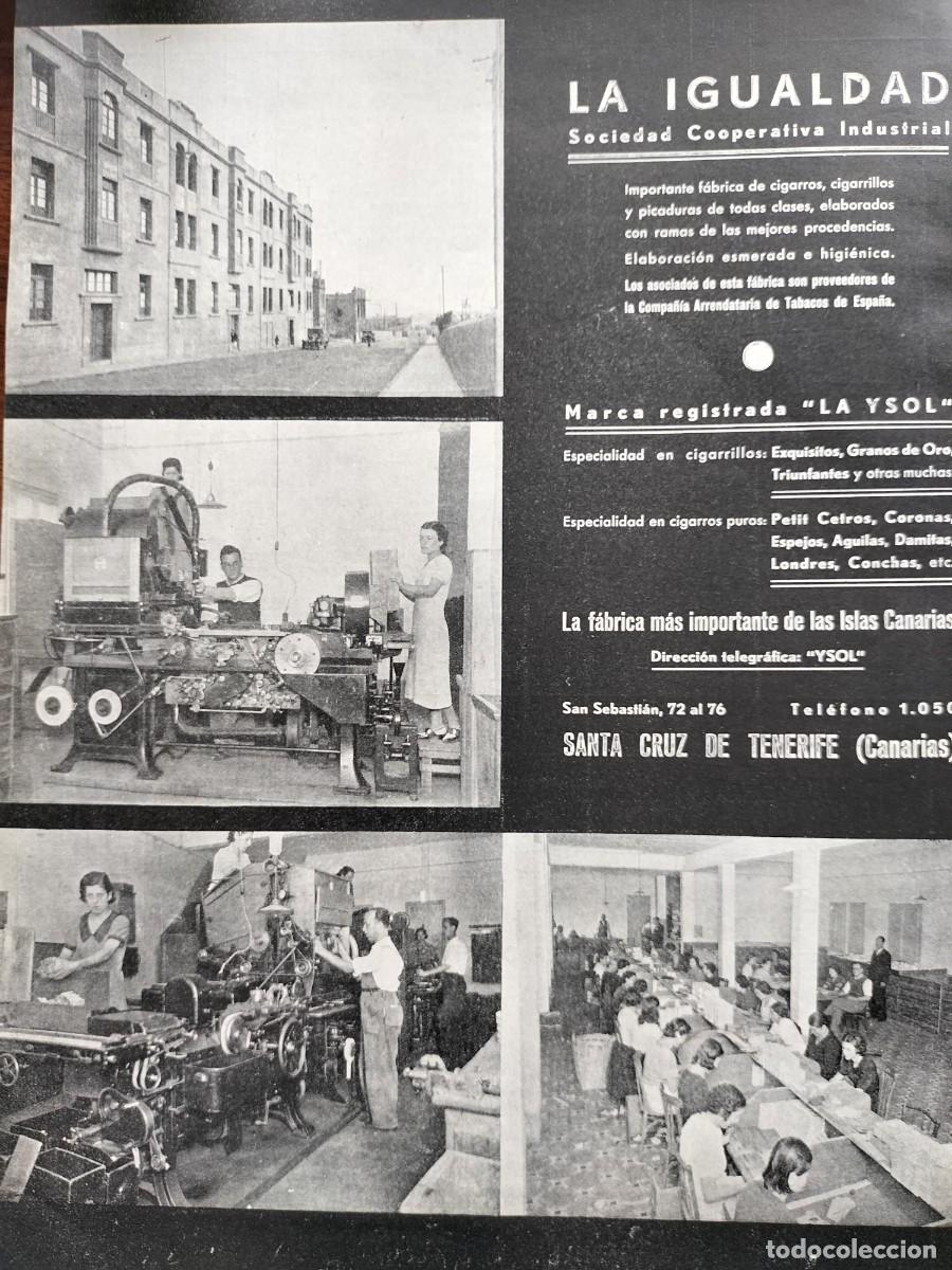 Collection Magazines and Newspapers: FABRICA GIGARROS CIGARRILLOS LA IGUALDAD MARCA LA YSOL SANTA CRUZ TENERIFE HOJA REVISTA A&Ntilde;O 1938