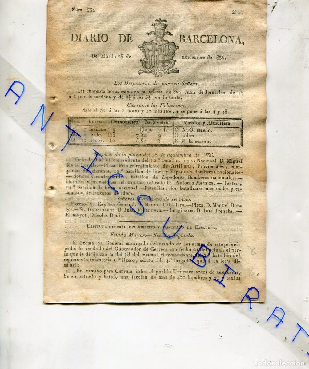 Coleccionismo de revistas y peri&oacute;dicos: DIARIO A&Ntilde;O 1836 PRIMERA GUERRA CARLISTA EN CERVERA CUBELLS BALAGUER CASTELLO DE FARFANYA