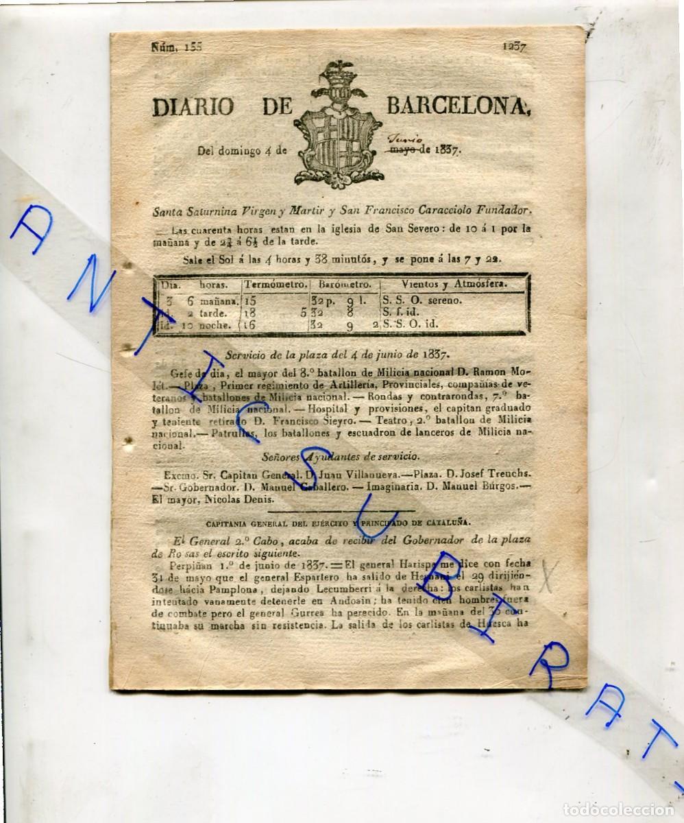 Coleccionismo de revistas y peri&oacute;dicos: DIARIO A&Ntilde;O 1837 PRIMERA GUERRA CARLISTA EN HERNANI PAMPLONA LECUMBERRI ANDOAIN MUERTE DE IRIBARREN