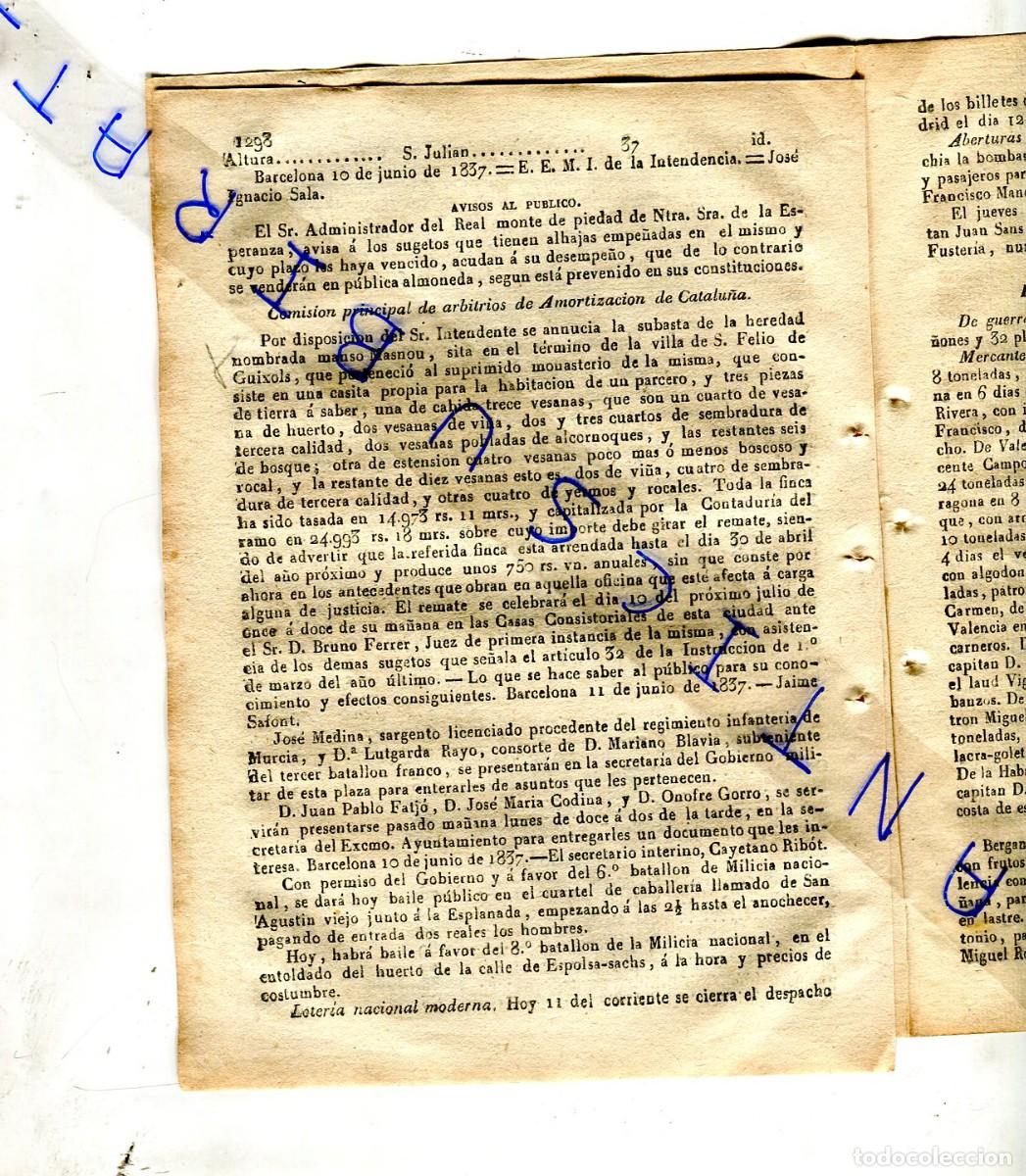 Collection Magazines and Newspapers: DIARIO A&Ntilde;O 1837 SUBASTA DEL MAS MASNOU A SANT FELIU DE GUIXOLS HUERTO VI&Ntilde;A VI&Ntilde;EDOS