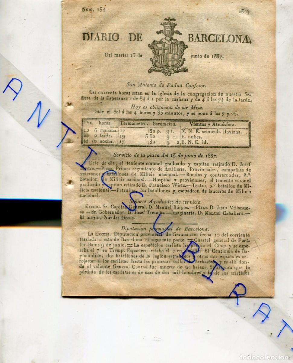Coleccionismo de revistas y peri&oacute;dicos: DIARIO A&Ntilde;O 1837 PRIMERA GUERRA CARLISTA TREMP TAFALLA BARBASTRO SANT FELIU DE LLOBREGAT SAMBOI PRAT