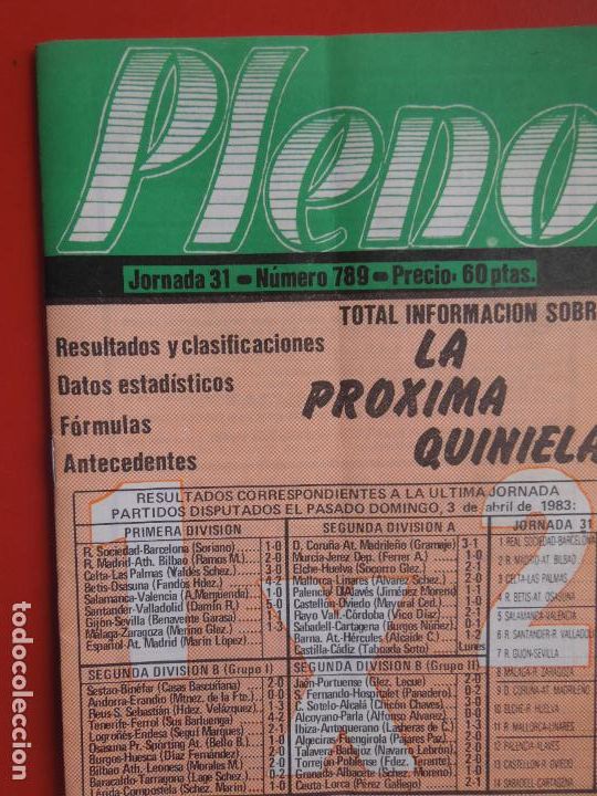 Coleccionismo de Revistas y Peri&oacute;dicos: PLENO REVISTA TECNICA PARA QUINIELAS TEMPORADA 83/84 N&ordm; 789 JORNADA 31 - DATOS ESTADISTICOS