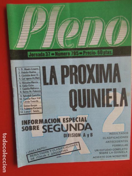 Coleccionismo de Revistas y Peri&oacute;dicos: PLENO REVISTA TECNICA PARA QUINIELAS TEMPORADA 83/84 N&ordm; 795 JORNADA 37 - DATOS ESTADISTICOS