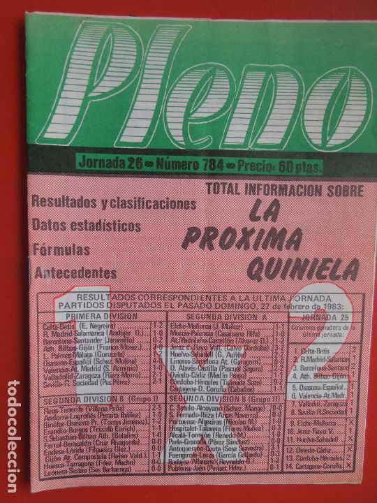 Coleccionismo de Revistas y Peri&oacute;dicos: PLENO REVISTA TECNICA PARA QUINIELAS TEMPORADA 83/84 N&ordm; 784 JORNADA 26 - DATOS ESTADISTICOS