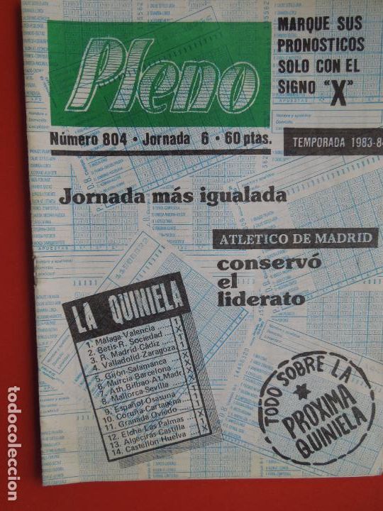 Coleccionismo de Revistas y Peri&oacute;dicos: PLENO REVISTA TECNICA PARA QUINIELAS TEMPORADA 83/84 N&ordm; 804 JORNADA 6 - DATOS ESTADISTICOS