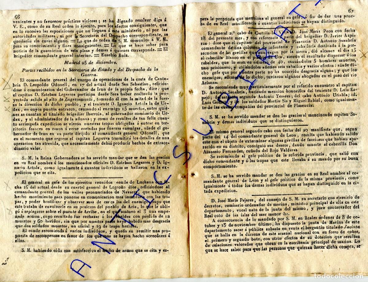 Collezionismo di Riviste e Giornali: DIARIO A&Ntilde;O 1838 PRIMERA GUERRA CARLISTA EN CANTABRIA O'DONELL SAN SEBASTIAN IRUN ZUGARRAMURDI URDAX