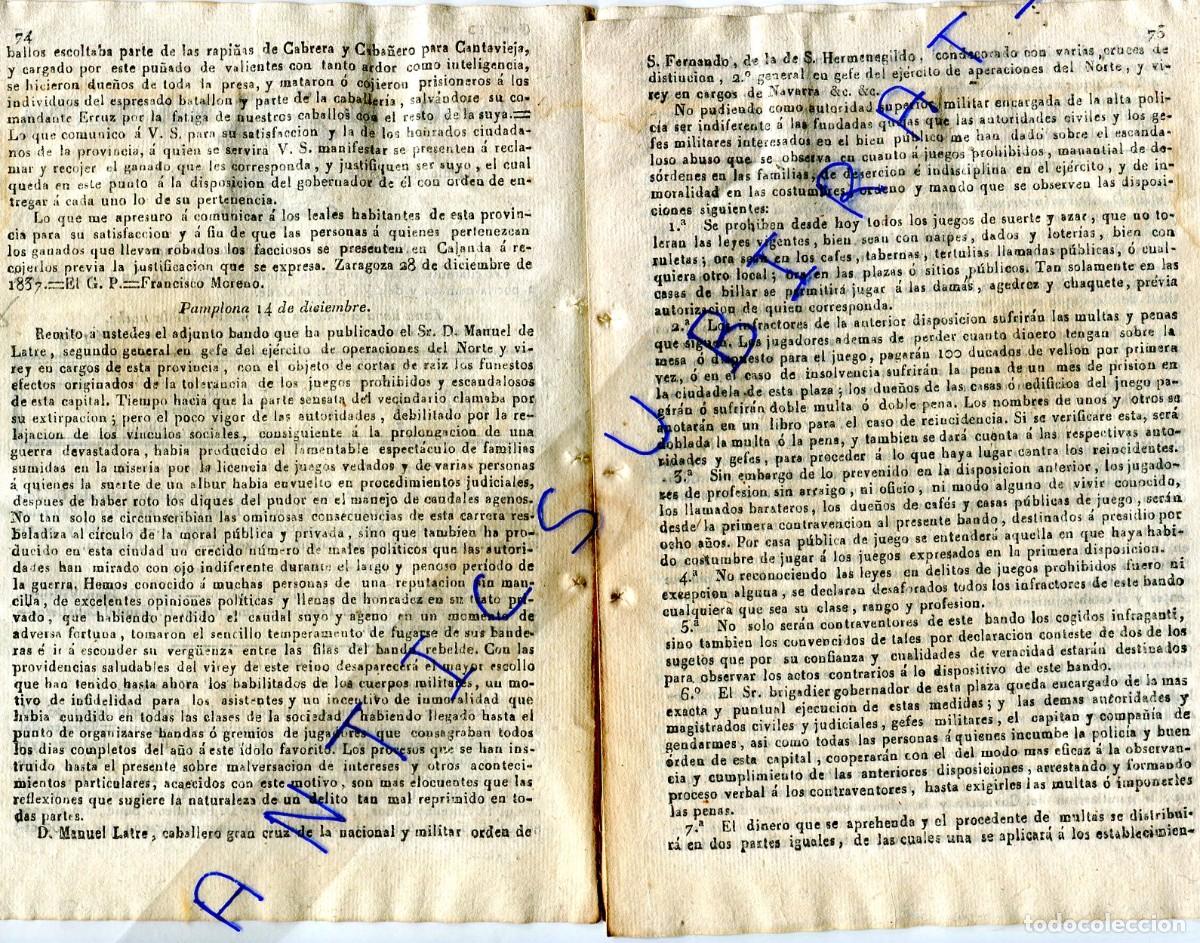 Coleccionismo de Revistas y Peri&oacute;dicos: DIARIO A&Ntilde;O 1838 PRIMERA GUERRA CARLISTA EN PAMPLONA MANUEL DE LATRE NAVARRA PROHIBICION DE NAIPES