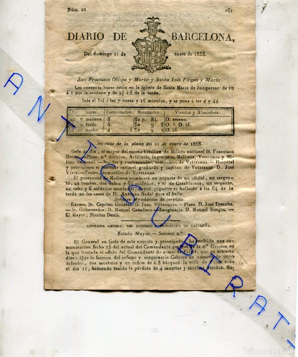 Coleccionismo de revistas y peri&oacute;dicos: DIARIO A&Ntilde;O 1838 PRIMERA GUERRA CARLISTA EN TREMP RIALP CANTO GUILLS TAUS TAULL ? FALSET CABRERA