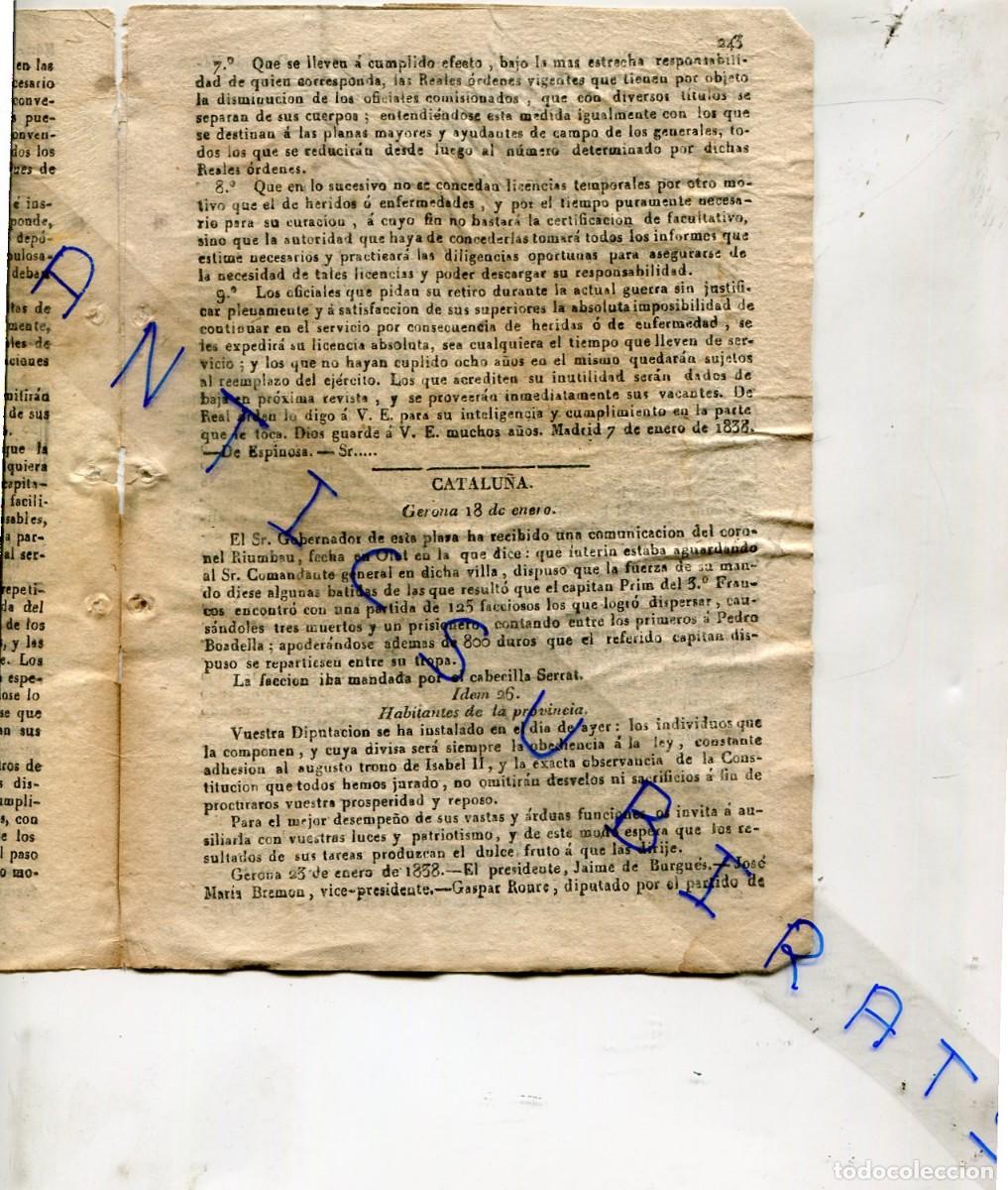 Coleccionismo de revistas y peri&oacute;dicos: DIARIO A&Ntilde;O 1838 PRIMERA GUERRA CARLISTA EN CORONEL RIMBAU OLOT CAPITAN PRIM BOADELL CABECILLA SERRAT