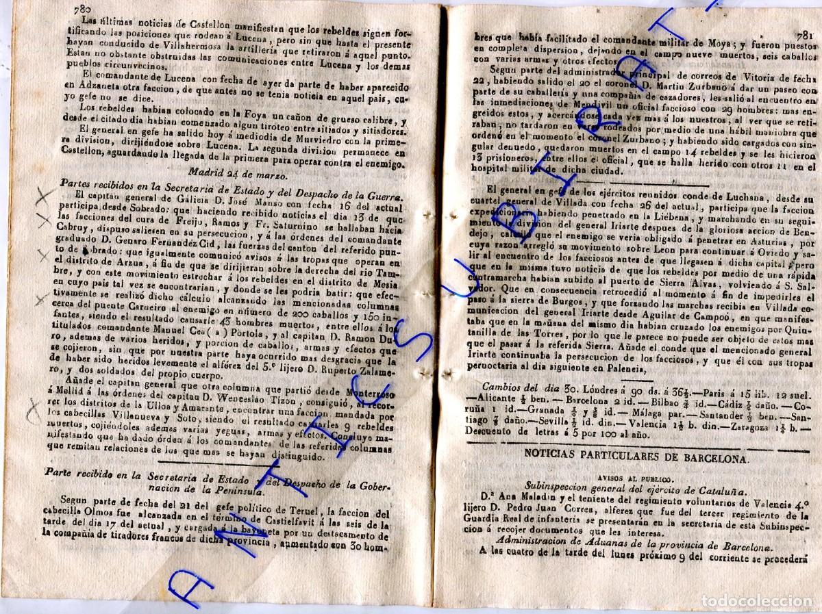 Collectionnisme de Revues et Journaux: DIARIO A&Ntilde;O 1838 PRIMERA GUERRA CARLISTA EN CASTIELFAVIT MENDIVIL LIEBANA AGUILAR CAMPOO QUINTANILLA