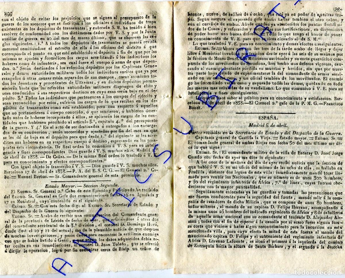 Collectionnisme de Revues et Journaux: DIARIO A&Ntilde;O 1838 PRIMERA GUERRA CARLISTA EN SORT GERRI DE LA SAL RIALP MONISTROL MOSEN BENET EXCARAY