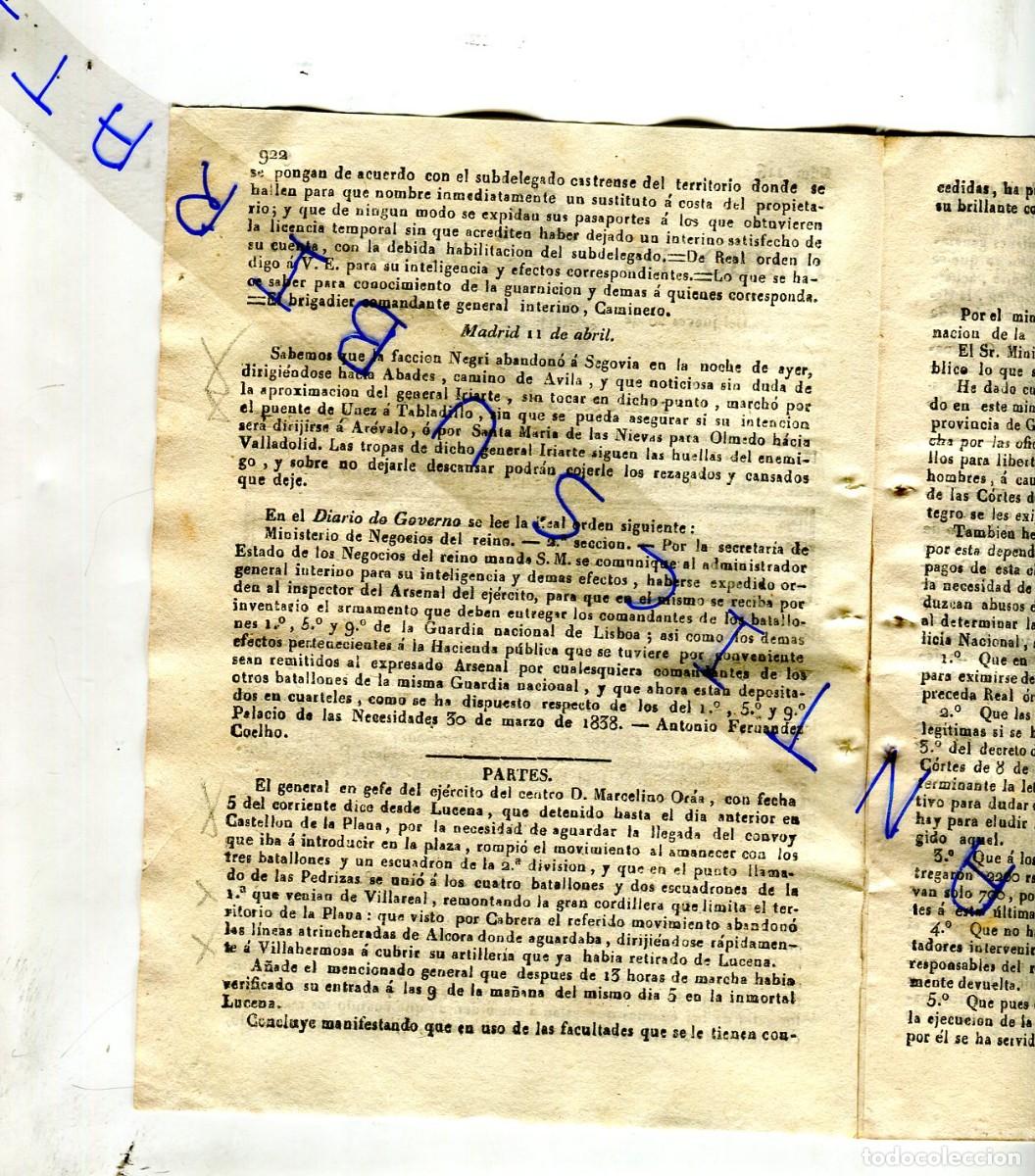 Coleccionismo de Revistas y Peri&oacute;dicos: DIARIO A&Ntilde;O 1838 PRIMERA GUERRA CARLISTA EN LUCENA CASTELLON DE LA PLANA PEDRIZAS VILLARREAL ALCORA
