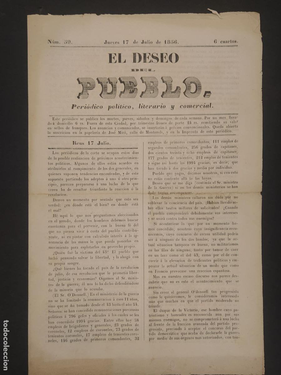 Collection Magazines and Newspapers: EL DESEO DEL PUEBLO - NUMERO 59 - 17 JULIO 1856 - PERIODICO POLITICO LITERARIO -VER FOTOS-(K-12.433)
