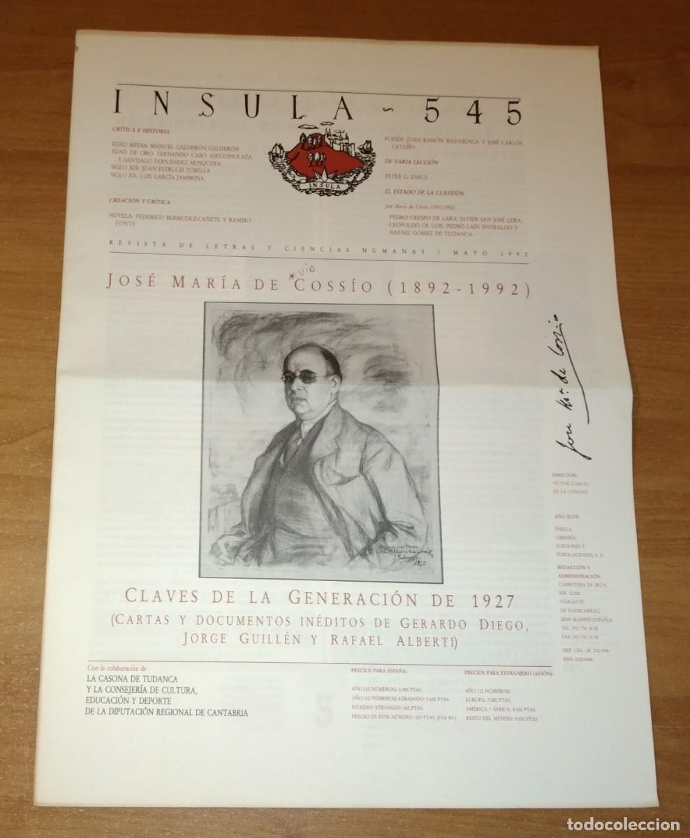 Colecionismo de Revistas e Jornais: &Iacute;NSULA 545, 1992 - DOSIER: JOS&Eacute; MAR&Iacute;A DE COSS&Iacute;O Y LA GENERACI&Oacute;N DE 1927
