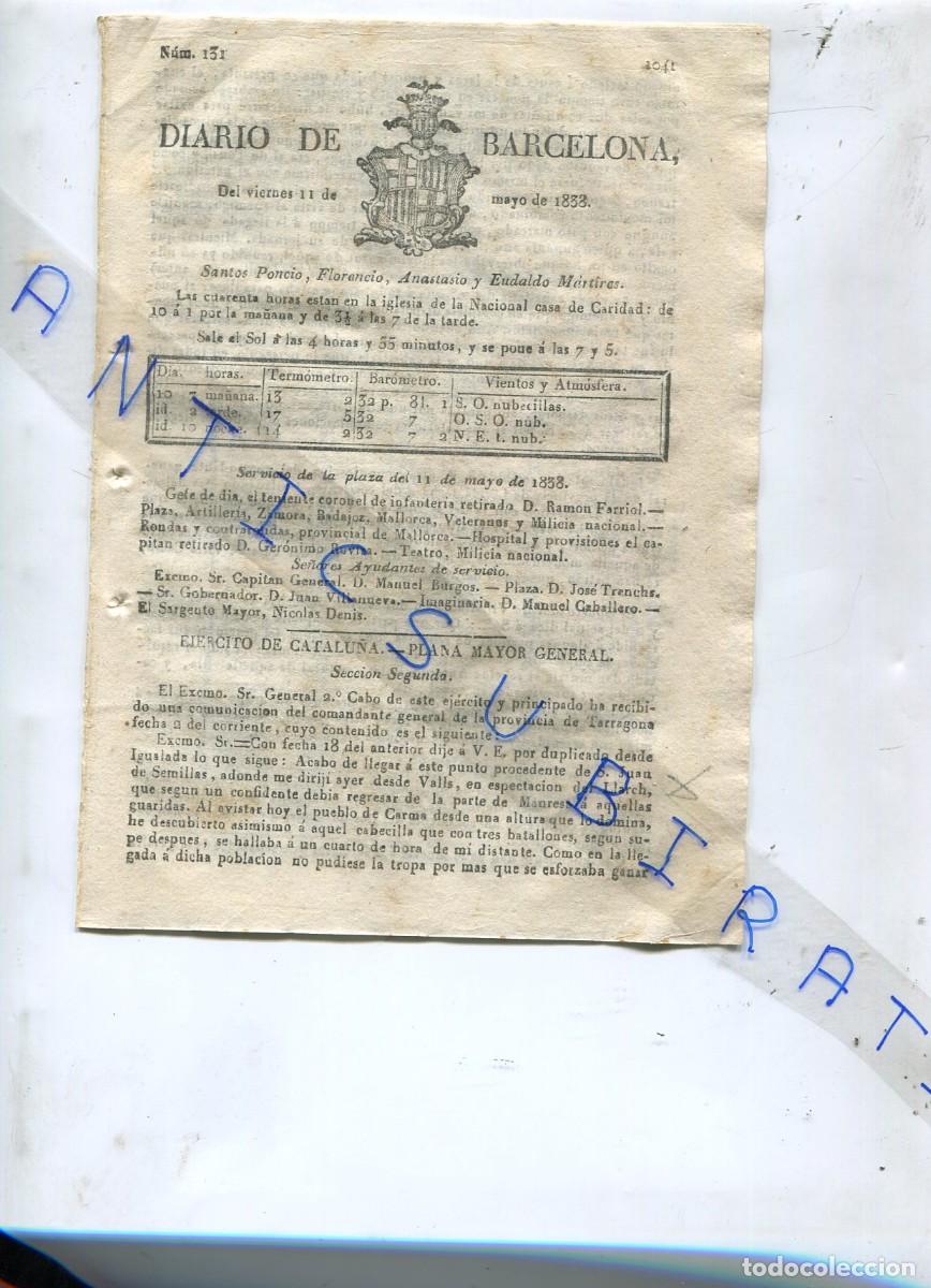 Collectionnisme de Revues et Journaux: DIARIO A&Ntilde;O 1838 PRIMERA GUERRA CARLISTA EN IGUALADA VALLS MANRESA PUEBLO EL CARME TOUS GERRI SORT