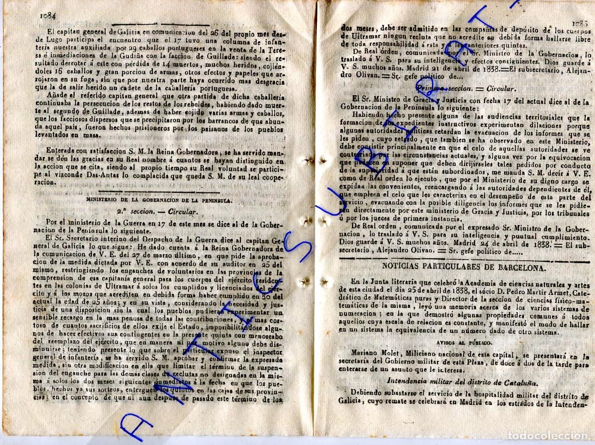 Collezionismo di Riviste e Giornali: DIARIO A&Ntilde;O 1838 PRIMERA GUERRA CARLISTA EN GALICIA LUGO GUDI&Ntilde;A FACCION GUILLADE