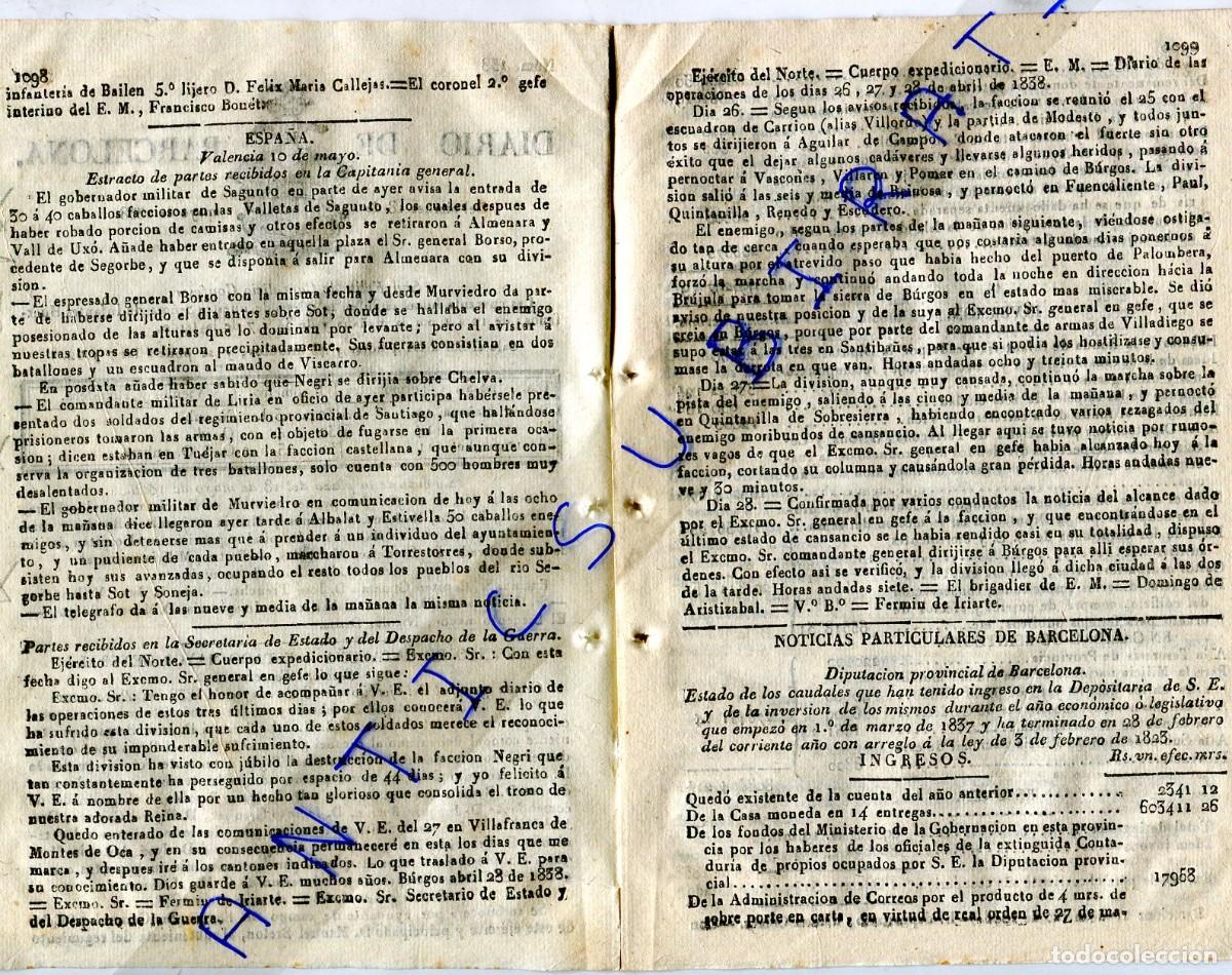 Collezionismo di Riviste e Giornali: DIARIO A&Ntilde;O 1838 PRIMERA GUERRA CARLISTA EN VALLETAS DE SAGUNTO ALMENARA VALL DE UXO VALLE MURVIEDO