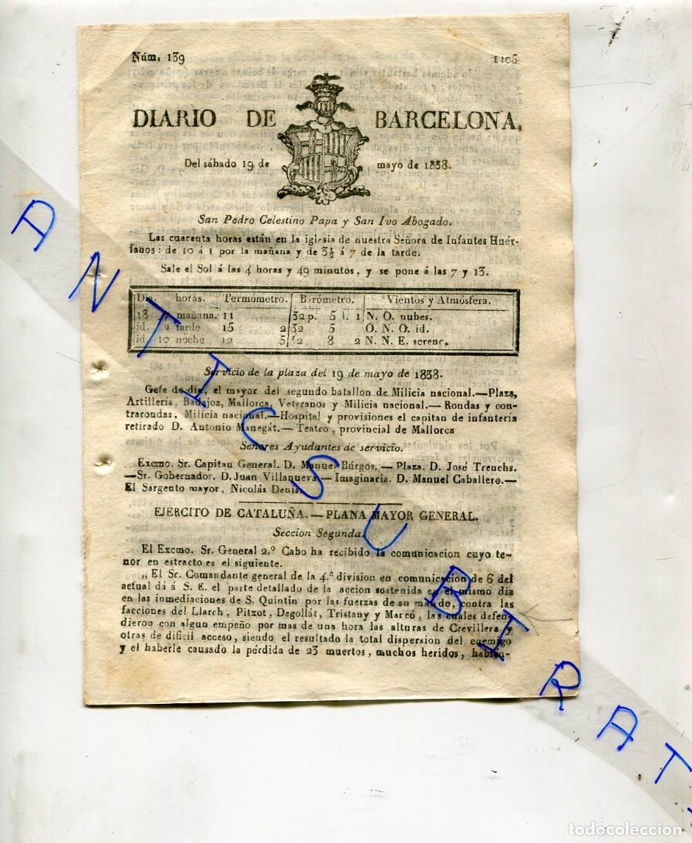 Collectionnisme de Revues et Journaux: DIARIO A&Ntilde;O 1838 PRIMERA GUERRA CARLISTA EN SANT QUINTI DE MEDIONA TRISTANY CREVILLERA ALFORJA GERRI