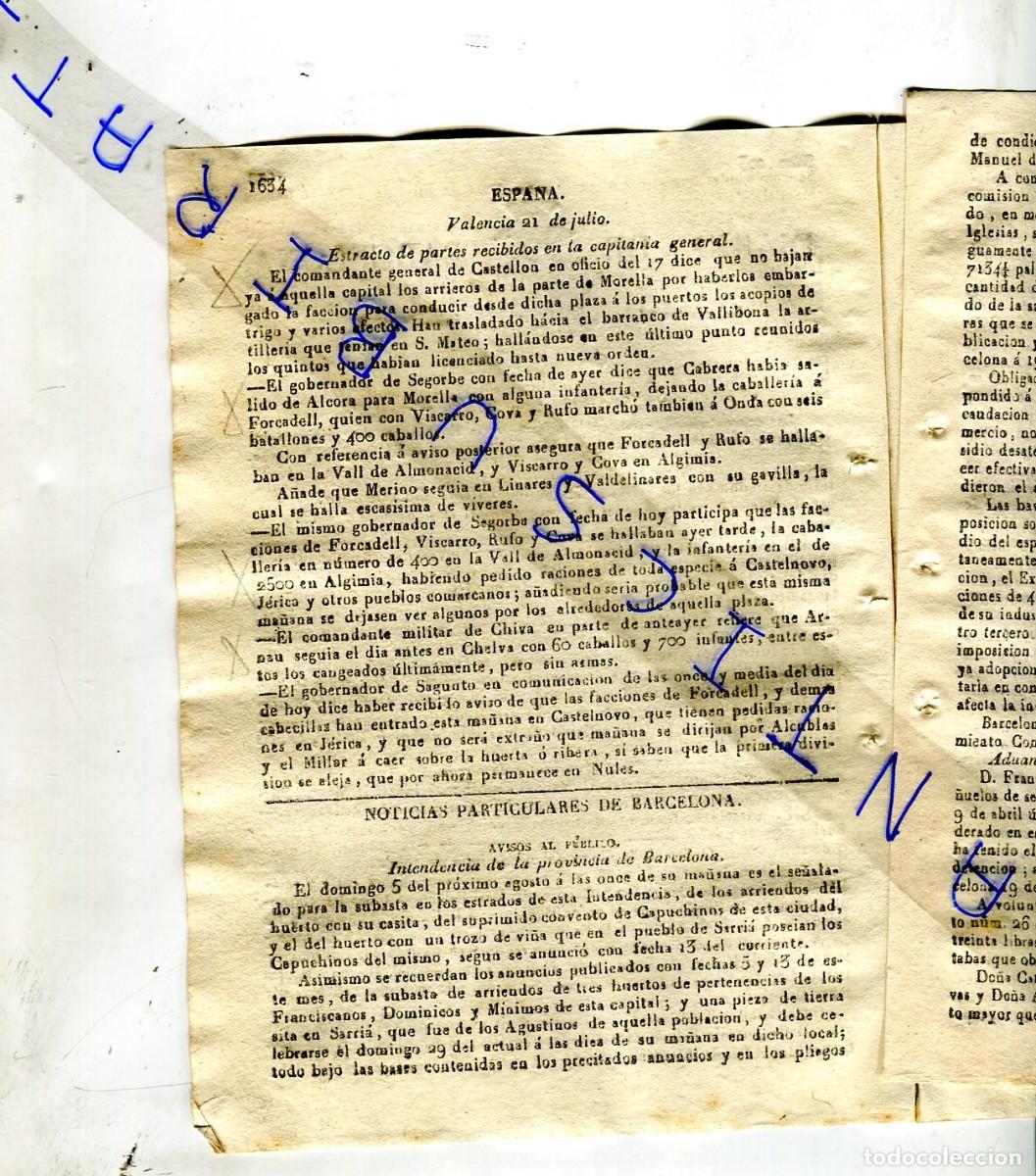 Coleccionismo de Revistas y Peri&oacute;dicos: DIARIO A&Ntilde;O 1838 PRIMERA GUERRA CARLISTA EN CASTELLON MORELLA SANT MATEO SEBORBE VALLE DE ALMANACID
