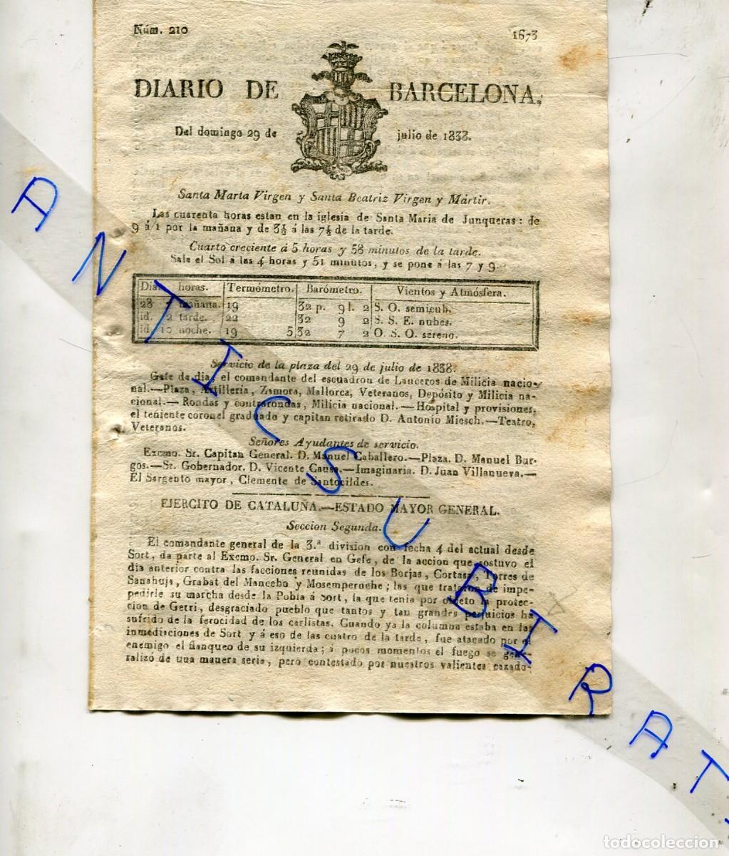 Collectionnisme de Revues et Journaux: DIARIO A&Ntilde;O 1838 PRIMERA GUERRA CARLISTA EN SORT LA POBLA DE SEGUR GERRI DE LA SAL GAILS TAUS
