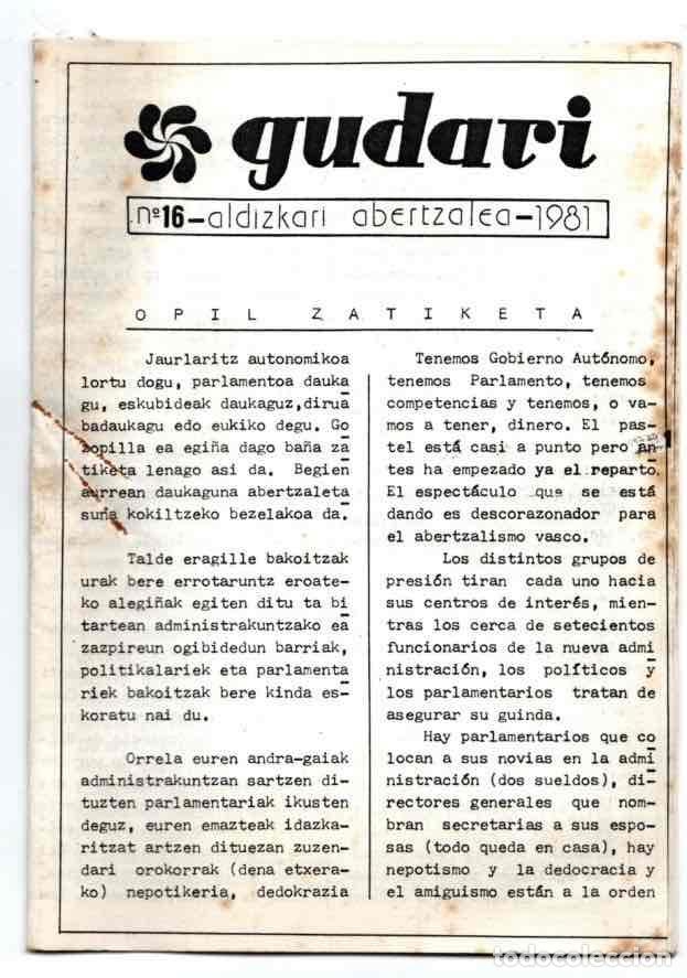 Collezionismo di Riviste e Giornali: REVISTA GUDARI. ALDIZKARI ABERTZALEA N&ordm; 16, A&Ntilde;O 1981