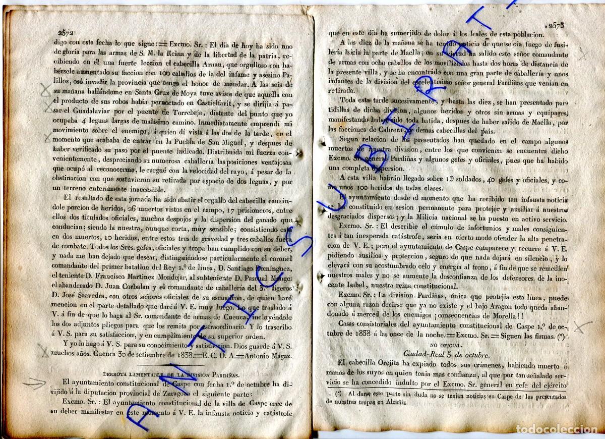 Collezionismo di Riviste e Giornali: DIARIO A&Ntilde;O 1838 PRIMERA GUERRA CARLISTA EN CUENCA ARNAU SANTA CRUZ DE MOYA CASTIELFAVIT PUEBLA MIGUE
