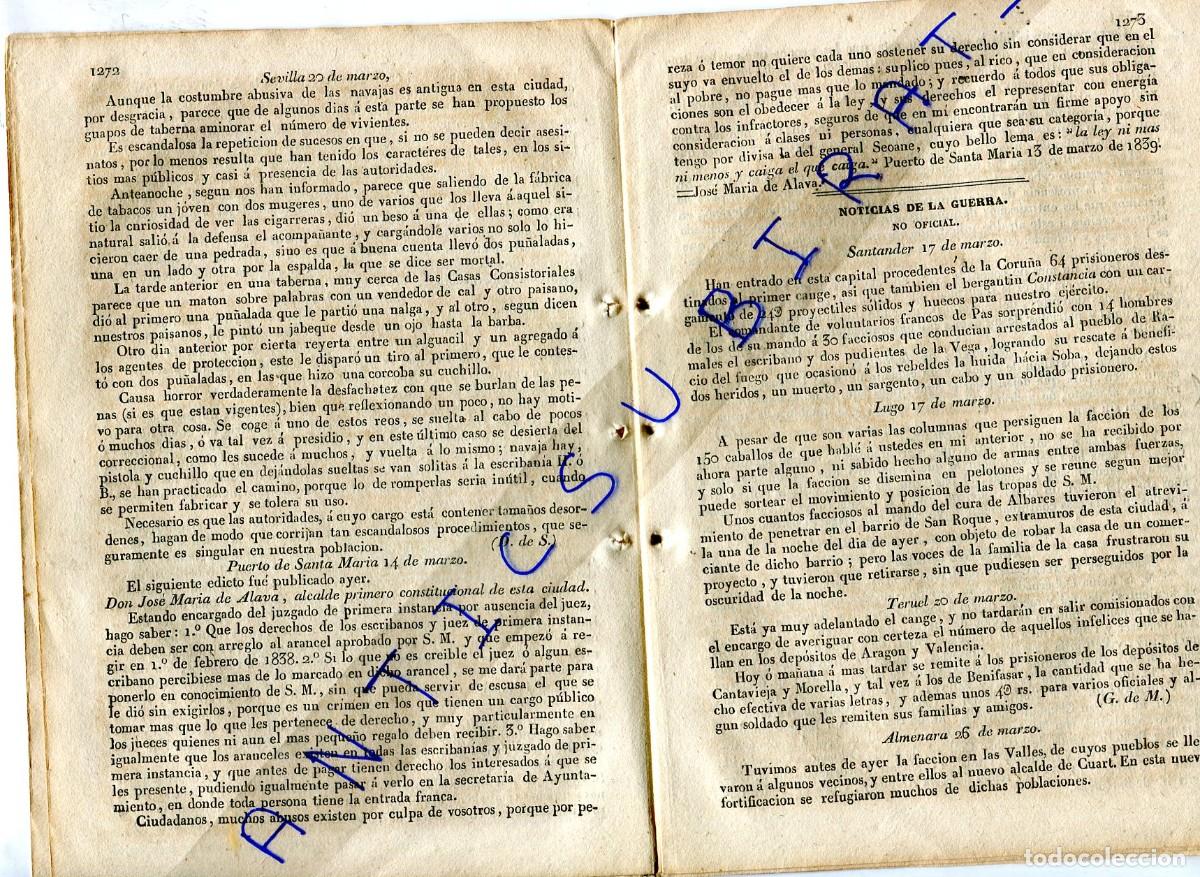 Collezionismo di Riviste e Giornali: DIARIO A&Ntilde;O 1839 PRIMERA GUERRA CARLISTA EN CANGE DE PRISIONEROS RAMALES VEGA LUGO ALBARES ALMENARA