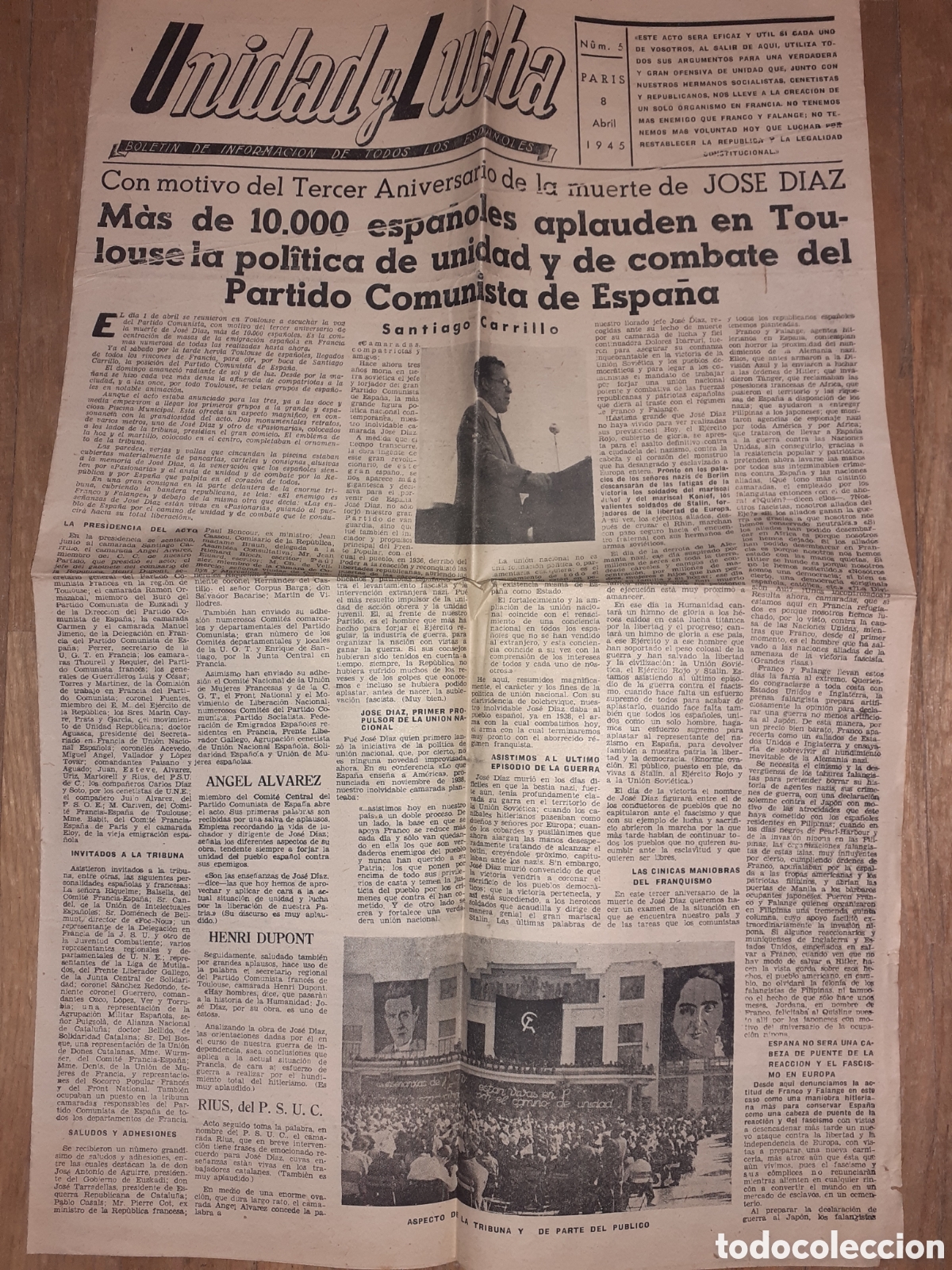 Coleccionismo de revistas y peri&oacute;dicos: PERIODICO UNIDAD Y LUCHA. NUM 5. PARIS 1945. SANTIAGO CARRILLO
