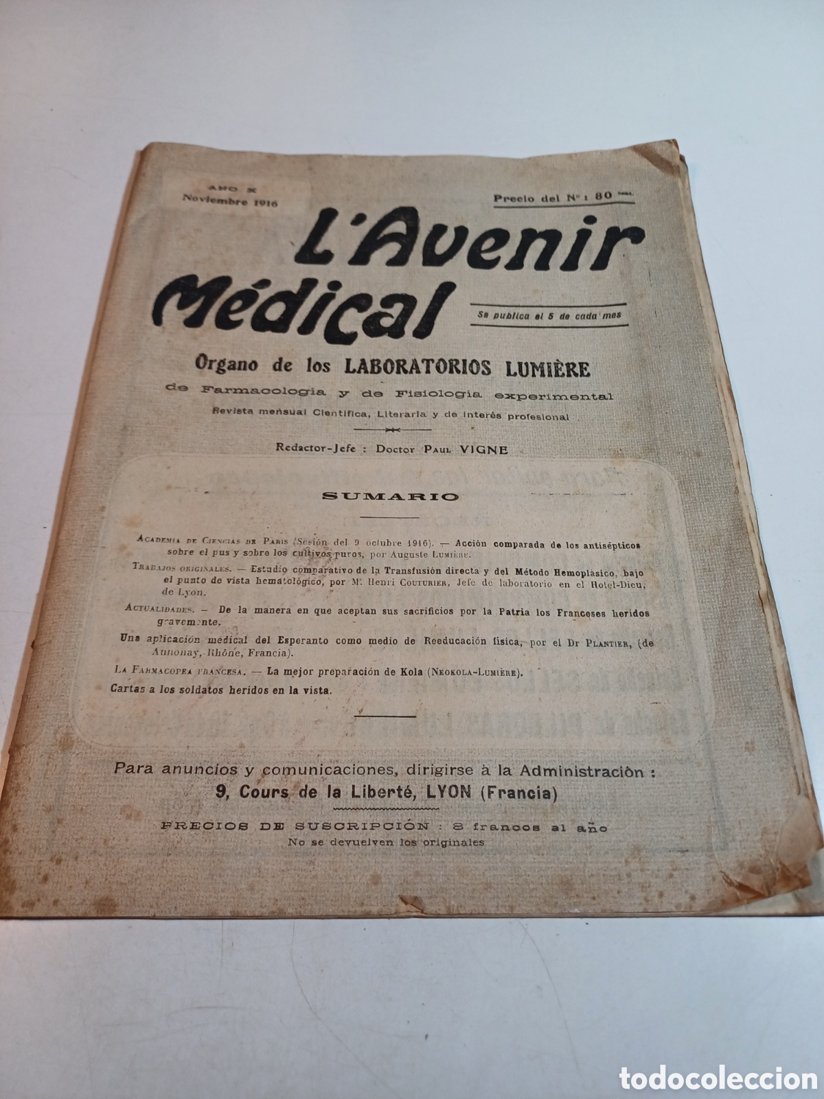 Collectionnisme de Revues et Journaux: L' avenir m&eacute;dical revista noviembre 1916 ano 10 n&uacute;mero 74