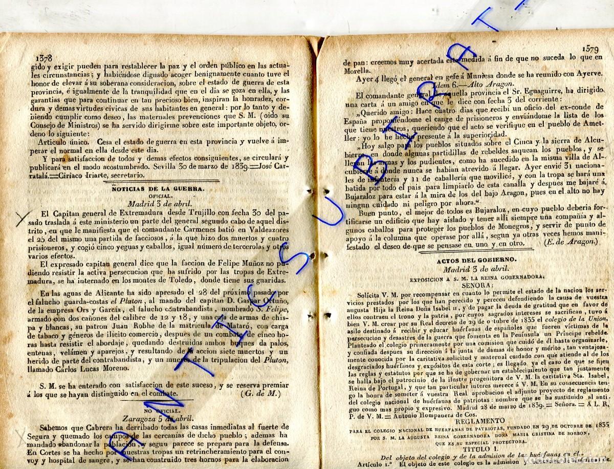 Coleccionismo de revistas y peri&oacute;dicos: DIARIO A&Ntilde;O 1839 PRIMERA GUERRA CARLISTA EN ALCUBIERRE BUJARALOZ MONEGROS AMETLLER DICASTILLO