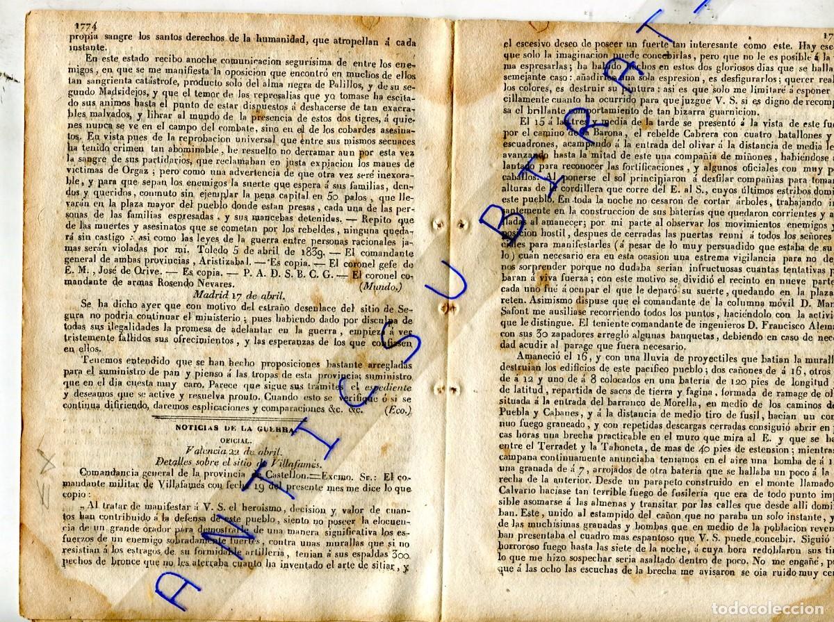 Coleccionismo de Revistas y Peri&oacute;dicos: DIARIO A&Ntilde;O 1839 PRIMERA GUERRA CARLISTA SITIO DE VILLAFAMES VILAFAMES CASTELLON TERRADET CALVARIO