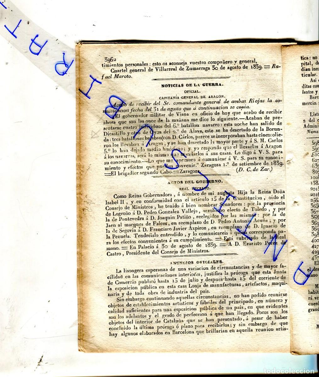 Coleccionismo de revistas y peri&oacute;dicos: DIARIO A&Ntilde;O 1839 PRIMERA GUERRA CARLISTA EN VIANA DICASTILLO OYOA BORUNDA ZARAGOZA