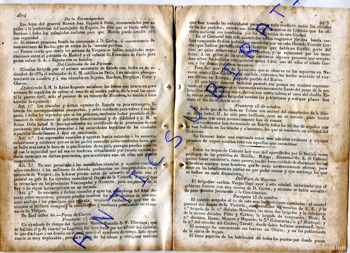 Collezionismo di Riviste e Giornali: DIARIO A&Ntilde;O 1839 PRIMERA GUERRA CARLISTA CARRASCAL ETULAIN BASTAN MORELLA MUNIESA OLIETE CANTAVIEJA