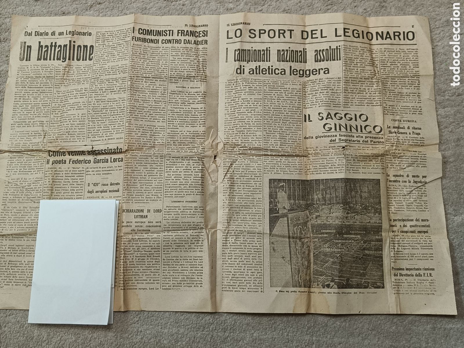 Collectionnisme de Revues et Journaux: El asesinato de Garc&iacute;a Lorca, versi&oacute;n de los italianos en Il Legionario, 1938 guerra civil muy raro
