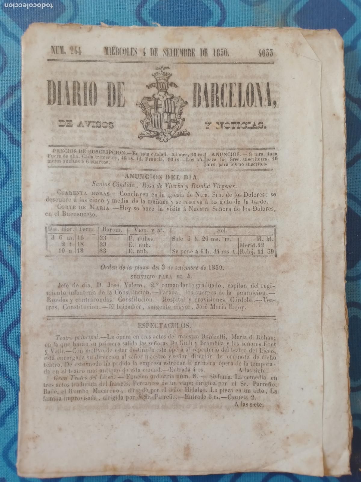 Coleccionismo de Revistas y Peri&oacute;dicos: Diario de Barcelona 244 de 1850 &oacute;bitos, anuncios judiciales, sirvientes, alquileres, sucesos