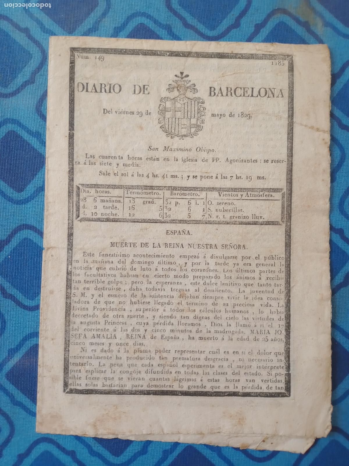 Coleccionismo de Revistas y Peri&oacute;dicos: Diario de Barcelona 149 de 1829 Muerte de la reina Mar&iacute;a Josefa Amalia