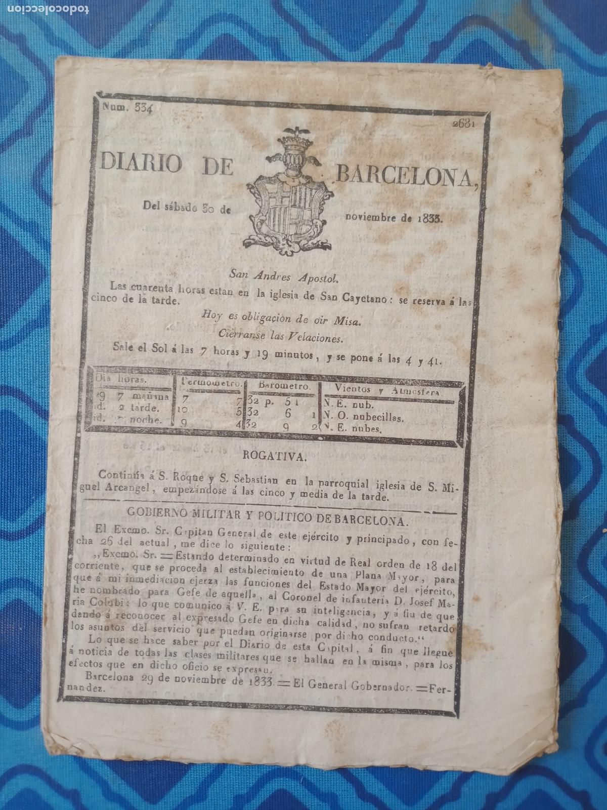 Coleccionismo de Revistas y Peri&oacute;dicos: Diario de Barcelona 334 de 1833 Gobierno militar y pol&iacute;tico de Barcelona