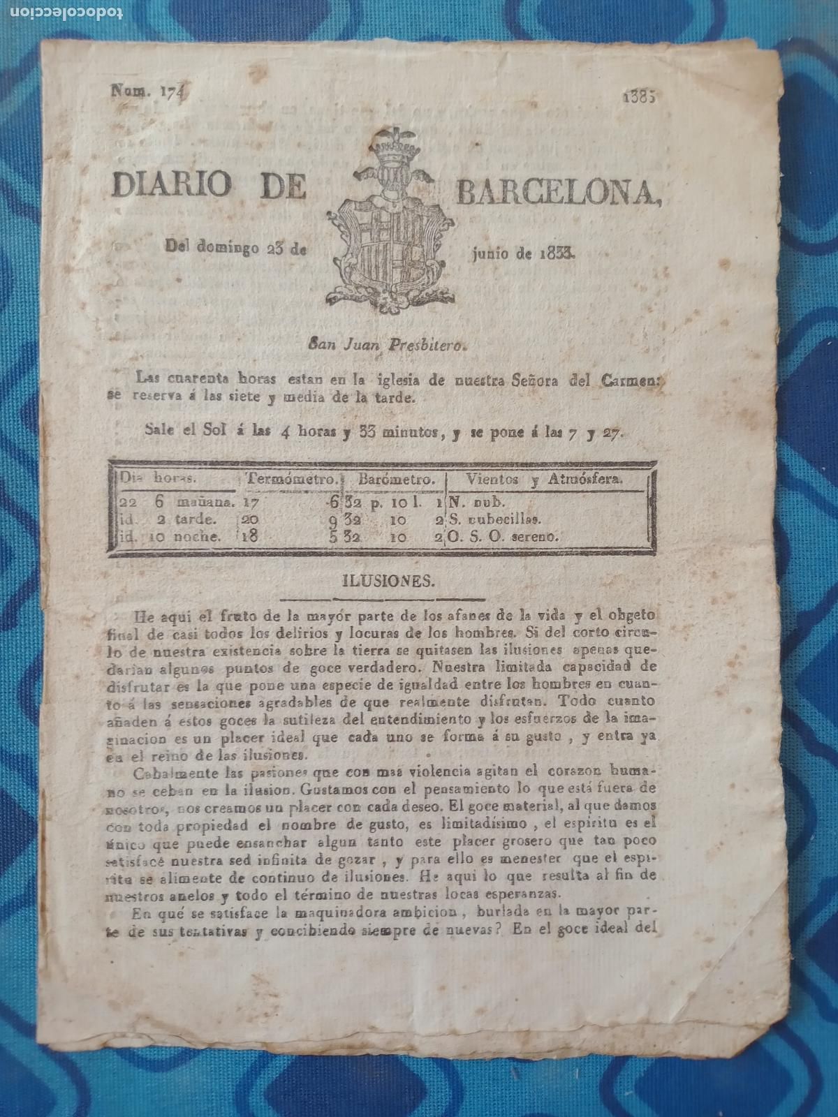 Coleccionismo de Revistas y Peri&oacute;dicos: Diario de Barcelona 174 de 1833 Visita de los Reyes