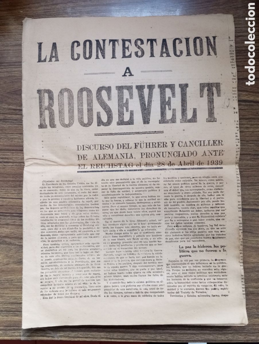 Colecionismo de Revistas e Jornais: La contestaci&oacute;n a Roosevelt de Adolf Hitler 1939