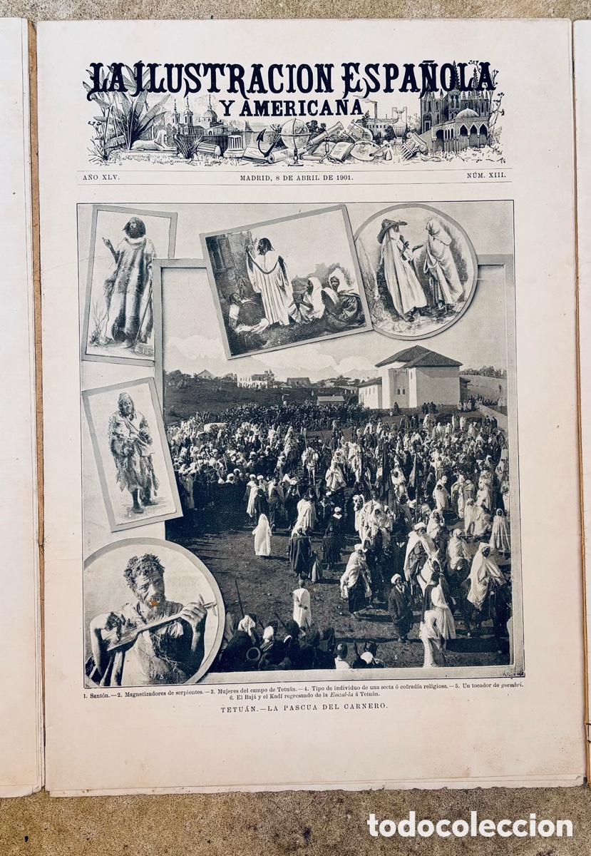 Collectionnisme de Revues et Journaux: Ilus. 1901. Sevilla, Estaci&oacute;n Ferrocarril a C&oacute;rdoba. Angel Pulido. Mallorca. Tetuan fiesta Carnero