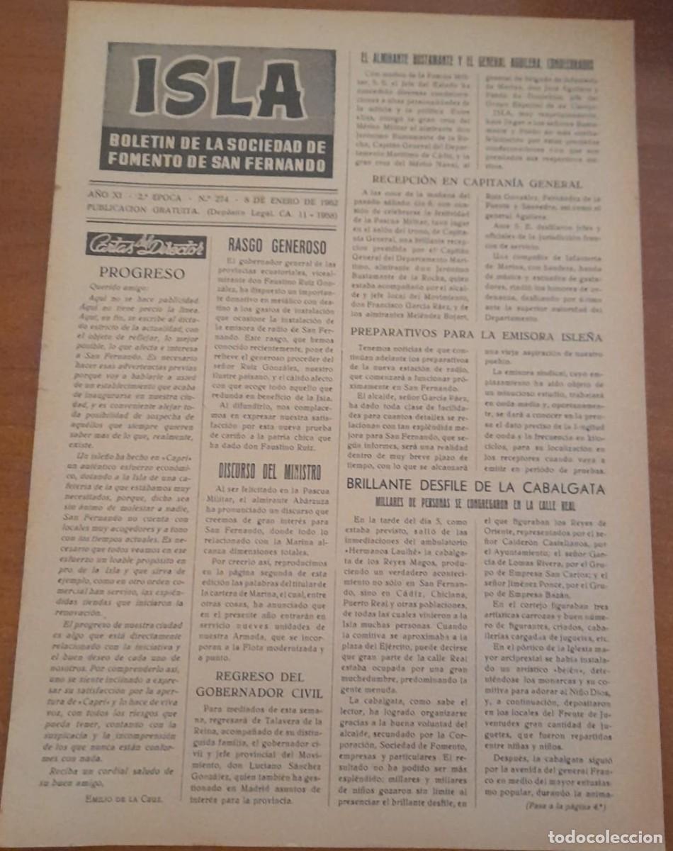 Coleccionismo de revistas y peri&oacute;dicos: BOLET&Iacute;N DE LA SOCIEDAD DE FOMENTO DE SAN FERNANDO ISLA, N&ordm; 274, DE 1962