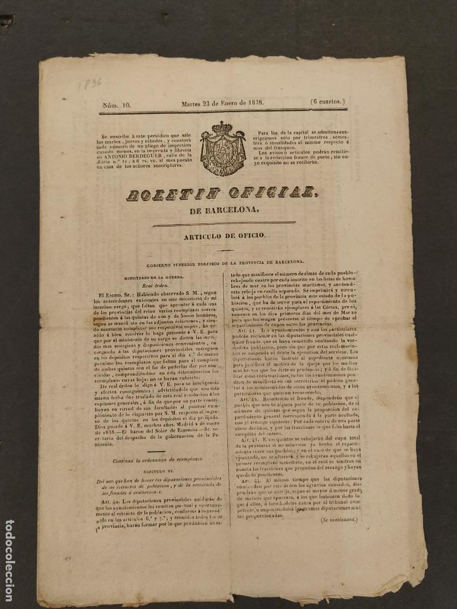 Collection Magazines and Newspapers: BOLETIN OFICIAL DE BARCELONA - NUMERO 10 A&Ntilde;O 1838 - REVISTA ANTIGUA -VER FOTOS-(V-25.092)