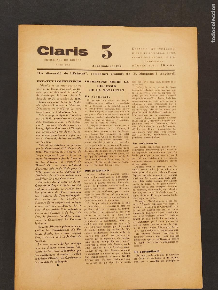 Collection Magazines and Newspapers: CLARIS - NUMERO 3 - 31 MAIG ANY 1932 - SETMANARI DE DURADA EVENTUAL - REVISTA ANTIGA -(V-25.093)